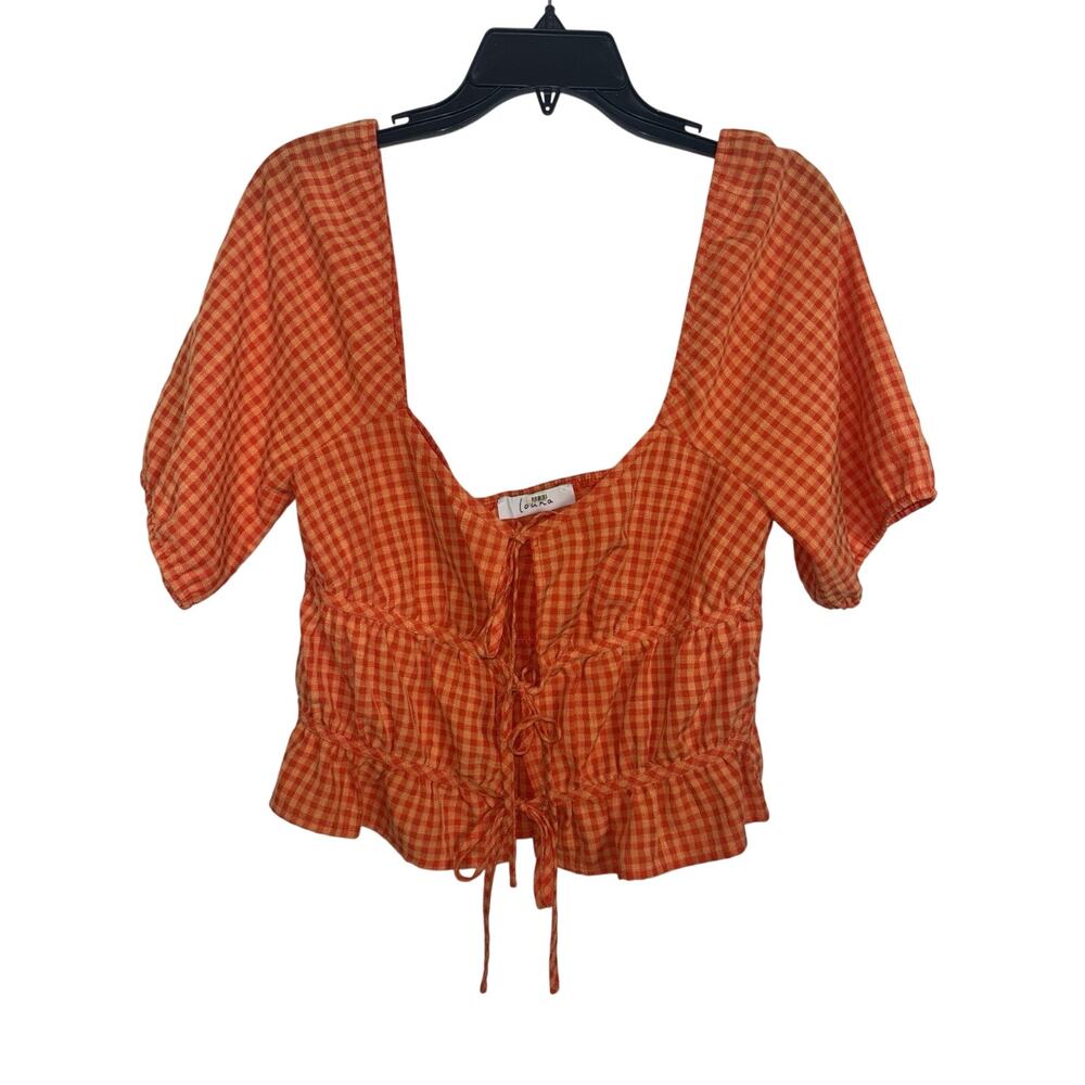 Louna Orange Gingham Puff Sleeve Tie Front Top Cottage Milkmaid XS Festival